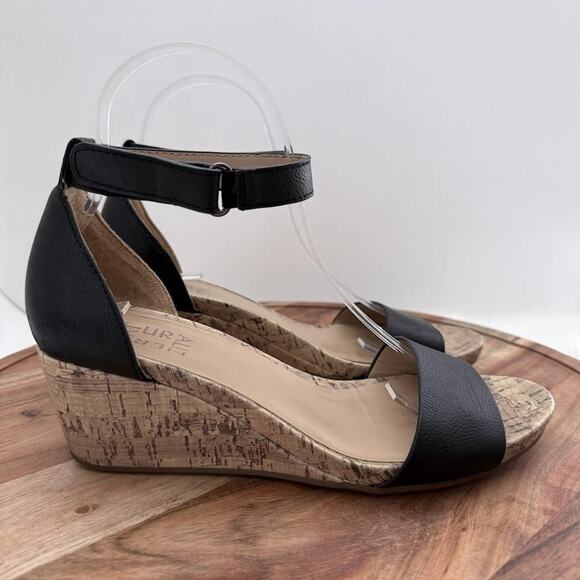 Naturalizer Sandals Womens Size 7.5 Black Areda Cork Wedge Ankle Strap Open Toe - Picture 1 of 9